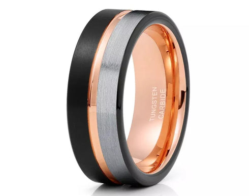 Men 8mm Tungsten Black Silver WRose Gold Grooved Line Comfort-Fit Wedding Band